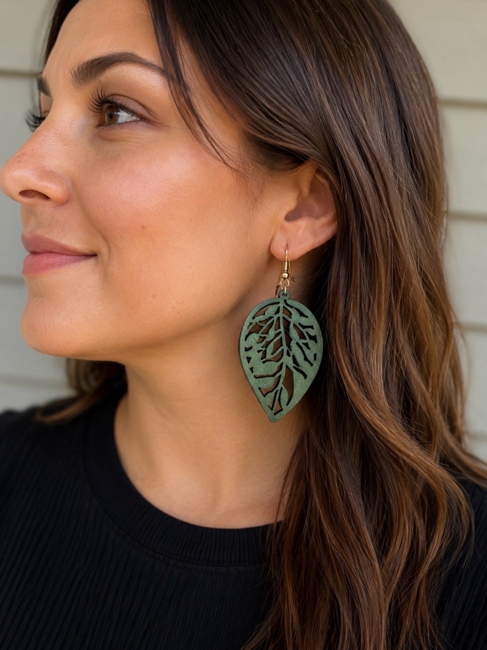 Forest Green Wooden Leaf Earrings